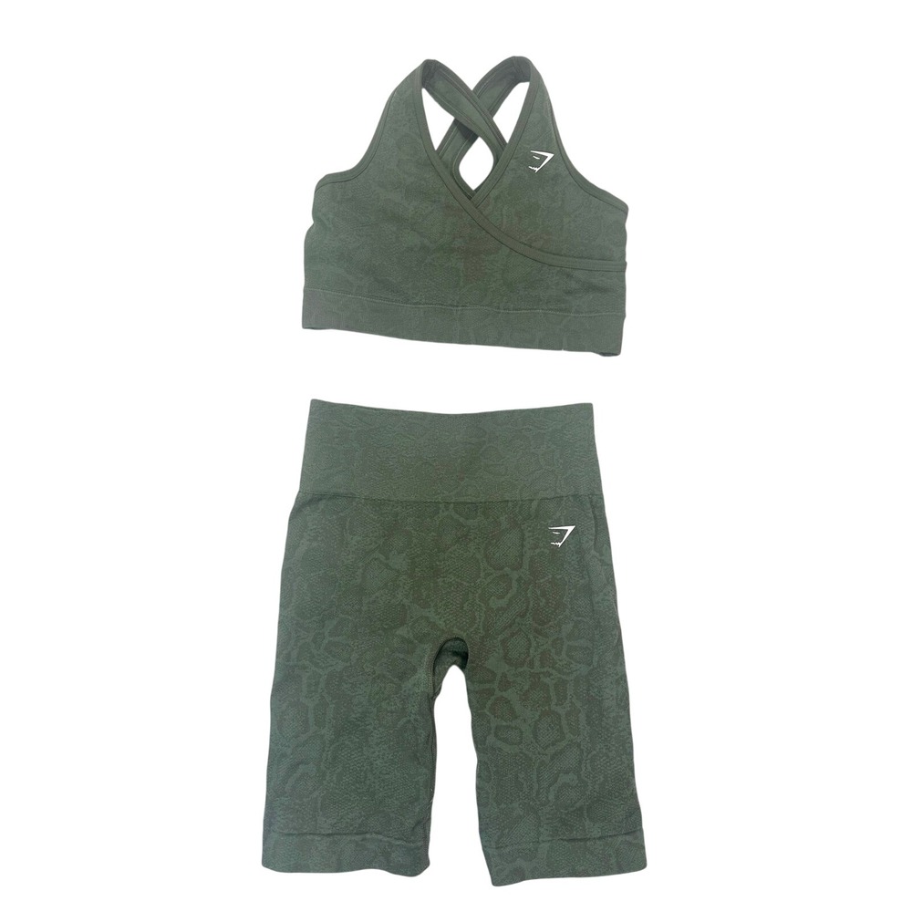 Gymshark Adapt Animal Seamless Sports Bra & Shorts Set Olive Green Size Small